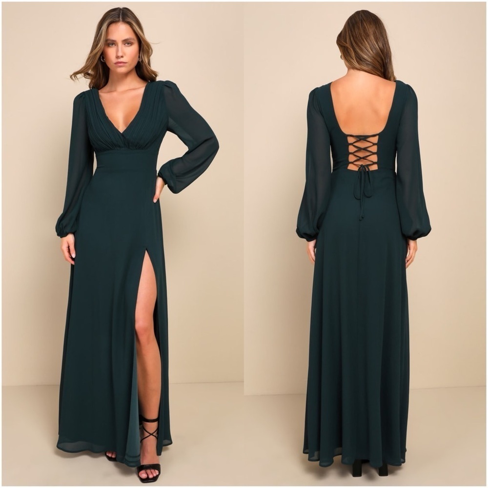 LULU’S Marvelous Affair Emerald Green Pleated Lace-Up Maxi Dress